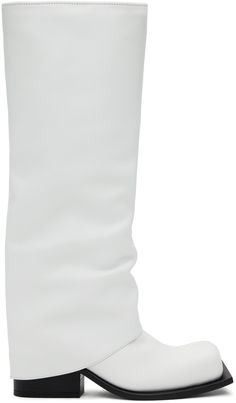 Handcrafted knee-high grained leather boots in white. · Layered construction · Square toe · Draping at vamp · Concealed zip closure at inner side · Logo embossed at padded leather footbed · Grained leather lining · Stacked block heel with rubber injection · Leather sole · Heel: H2.5 Supplier color: White Heel Tall Boots, White Knee High Boots, Womens White Boots, Tall Heeled Boots, Black Stiletto Heels, Black Boots Tall, Chunky Heels Boots, Square Toe Boots, Black Stilettos