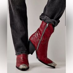 Stylish Red Leather Cowboy Boots. Features A Convenient Side Zipper. Perfect For A Bold Look. Leather Cowboy Boots, Free People Shoes, Red Leather, Cowboy Boots, Boots Booties, Side Zipper, Bootie Boots, Ankle Boots, Cowboy