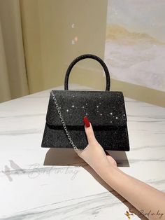 Bird in Bag - Formal Glitter Flap Tote Evening Bag for Parties, Mini Square Bag with Pom Poms, Classy Temperate Evening Bag for Bag Bag, Bird In Bag, Square Bag, Pom Poms, Polyester Material, Evening Bags, Pom Pom, Glitter, Square