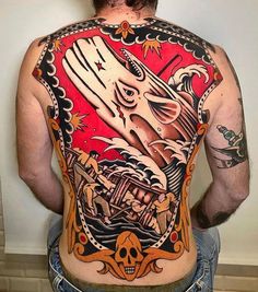 the back of a man with tattoos on his body