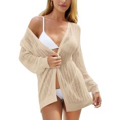 Elevate your beachwear with our Women's Milanese Knit Cardigan, the perfect semi-sheer lace cover-up for sunny days by the shore! This open front cardigan features beautifully crafted lace details that add a touch of elegance, making it an ideal layering piece for swimsuits, sundresses, or casual outfits. Made from a soft blend of 89% viscose and 11% nylon, this lightweight cardigan provides a breathable feel, ensuring you stay comfortable in warm weather. The ribbed cuffs offer a chic finish, w Cozy Sweaters Autumn, Cardigan Beige, Longline Cardigan, Beach Cover Ups, Open Front Sweater, Lace Cardigan, Beige Cardigan, Simple Tees, Womens Crewneck