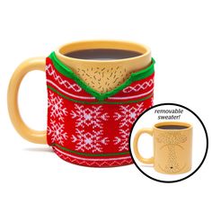 a coffee mug with a christmas sweater on it