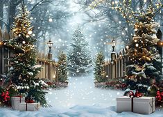 a snowy scene with christmas trees and presents on the ground in front of a gate