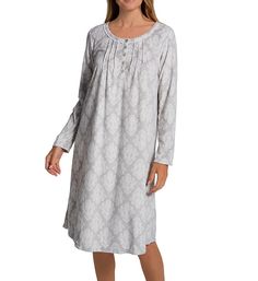 Those cold weather nights have nothing on the warmth and coziness this cute fleece gown provides. Scoop neckline features picot trim along the edge. Button closure at center front has 5 genuine shell buttons. Pintucks below neckline create gathers on gown. Long sleeves have self-lined edges. Turned and stitched hem. Patterned fleece knit feels incredibly soft. Inner tag gives details on fabric care and content. Midweight knit keeps you warm and cozy in cooler temperatures. Wonderful for sleep an Gray Long Sleeve Sleepwear, Gray Long Sleeve Sleepwear For Bedtime, Soft Fall Sleepwear For Bedtime, Cozy Long Sleeve Nightgown For Loungewear, Winter Loungewear Nightgown, Gray Long Sleeve Sleepwear For Sleepover, Long Sleeve Fall Nightgown For Sleep, Cozy Long Sleeve Nightgown For Sleep, Fall Sleepwear For Bedtime