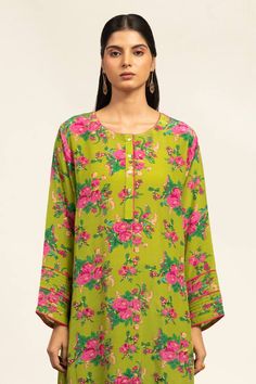 Green kurta with botanic printed motifs and sequin bead embellishments. Comes with salwar. - Aza Fashions Green Silk Blouse With Floral Print, Green Floral Silk Blouse, Green Straight Kurta With Printed Border, Green Tops With Printed Motifs For Eid, Green Printed Summer Kurta, Green Block Print Kurta For Spring, Spring Green Block Print Kurta, Casual Multicolor Floral Print Kurta, Green Floral Print Long Sleeve Kurta