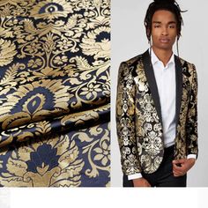 a man with dreadlocks wearing a gold and black jacket next to a photo of an ornately designed suit