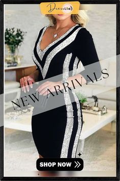 Fashion Mid-sleeve Sexy V-neck Striped Long Sleeve Party Dress Glamorous Black V-neck Bodycon Dress, Stretch V-neck Mini Dress For Evening, Stretch V-neck Dresses For Party Season, Black V-neck Bodycon Dress For Club, Elegant V-neck Club Dress, V-neck Stretch Mini Dress For Evening, Long Sleeve V-neck Dress For Party Season, Elegant V-neck Stretch Bodycon Dress, Stretch V-neck Party Dress