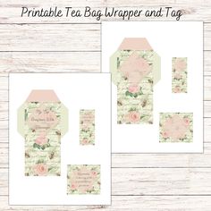 printable tea bag wrapper and tag with pink roses on white wood planks