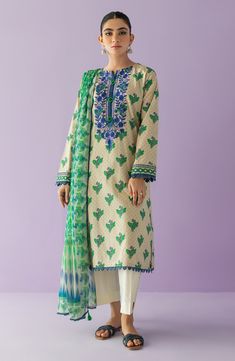 Casual Green Lawn Suit With Printed Motifs, Patterned Cotton Lawn Suit With All Over Print, Patterned Cotton Sets With Graphic Print, Patterned Cotton Sets With Digital Print, Cotton Graphic Print Patterned Sets, Blue Lawn Suit With All Over Print For Summer, Blue Cotton Lawn Suit With All Over Print, Spring Cream Lawn Suit With Printed Motifs, Green Cotton Set With Digital Print