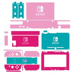 the nintendo switch logo is shown in pink, blue and green with different parts attached to it