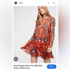 Rust/Red Color Free People Dress Worn Twice This Dress Is Sold Out Online And Hard To Find Embroidery Fall, Dress Free People, People Women, Free People Clothing, Rust Dress, Lace Fashion, Rust Color, Girly Outfits, Sheer Dress