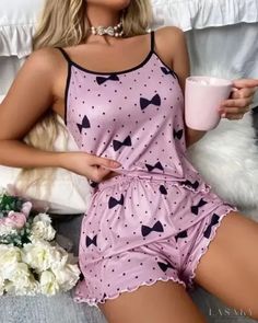 Lasaky - Polka Dot Bow Tie Print Camisole Set Summer Sleepwear, Satin Cami Top, Camisole Set, Cami Set, Satin Cami, Sleeves Clothing, Silk Pajamas, Pajama Set Women, Garters