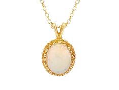 METAL: Gold METAL PURITY:14kt STONE: Opal STONE WEIGHT:1.65ct  GOLD WEIGHT: 1.6 grams This classic style pendant features a very substantial setting that holds a 10x8mm oval opal weighing 1.65ct. This gold setting demonstrates a high level of workmanship as the opal is actually hand set in 18 prongs and not glued in place. The chain is not included ,but an be purchased separately. Disclaimer: We are a 1500 square foot retail store with 1000s of items in our inventory. We make every effort to update our Etsy listings as soon as we sell them in our physical store but for current availability please contact us to confirm availability before purchase at 856-728-7464 or message us on Etsy. Follow us on Instagram and Facebook@williamstowndiamonds  Check out our other items in our Etsy store will Yellow Gold Opal Oval Pendant Jewelry, Yellow Gold Ethiopian Opal Round Necklace, Gold Ethiopian Opal Jewelry In Oval Cabochon Shape, Yellow Gold Ethiopian Opal Necklace, Classic Round Ethiopian Opal Jewelry, Elegant Ethiopian Opal Necklace In Yellow Gold, Classic Ethiopian Opal Round Jewelry, Classic Ethiopian Opal Jewelry, Gold Opal Necklace With Oval Cabochon