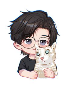 a boy with glasses holding a white cat