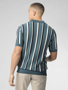 Signature Vertical Stripe Open Neck Polo - Teal - Ben Sherman Cotton Polo Shirt With Vertical Stripes For Summer, Summer Cotton Polo Shirt With Vertical Stripes, Collared Cotton Tops With Signature Stripes, Classic Blue Horizontal Stripe Tops, Classic Blue Horizontal Stripe Top, Cotton Polo Shirt With Vertical Stripes, Cotton Short Sleeve Polo Shirt With Vertical Stripes, Modern Fitted Tops With Striped Collar, Modern Fitted Top With Striped Collar