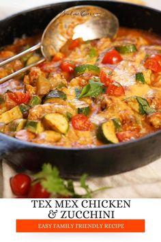 tex mex chicken and zucchini recipe in a skillet with a spoon