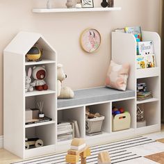 a room with some shelves and toys in it