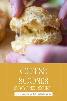 someone is holding up a cheesy scones egg - free recipe