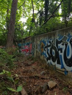 some graffiti is on the side of a wall in the woods with trees and rocks