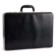 a black leather briefcase on a white background