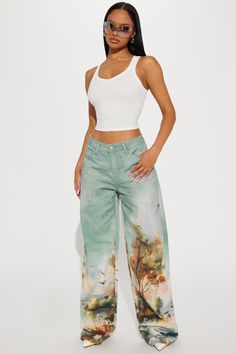 Printed Jeans Women, Jhene Aiko Concert Outfit, R B Concert Outfit, Extra Fits, Dad Pants, Making Outfits, Wide Legged Jeans, Concert Fit, Luxe Clothing