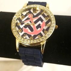 Classy Anchor Nautical Bling Watch. The Perfect Watch To Show Your Love And Sisterhood For Delta Gamma Sorority. Watch Has Pink Anchor With Navy And White Chevron. The Navy Blue Band Accents This Perfectly. Excellent Working Condition With Brand New Battery! Fast Shipping!! Delta Gamma Anchor, Bling Watch, Delta Gamma Sorority, Kate Spade Heart, Kate Spade Watch, Watches Women Michael Kors, Gold Watches Women, Delta Gamma, Brown Leather Wallet