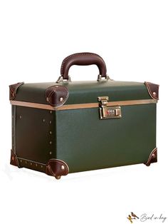 a green and brown suitcase sitting on top of a white floor