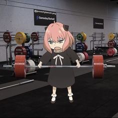 a cartoon character holding a barbell in a gym