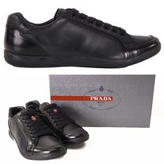 HTML 5 Template   NEW $750 PRADA Men's Linea Rossa Black All Leather Lace Up Classic Low Top Sneakers Size(s) 6.5 (These run large, they fit more like a Prada 7.5, US 8 or 8.5) The outer soles measure 10.75" in length and insole about 10.5" Description New with box. Purchased from Prada. Retail $750. Photos are of the actual shoes, minor surface scratches. Authentic Prada sneakers in a sleek everyday style. Black all leather. Lace-up with red logo at tongue. Low top. Rubber sole with red Line-A Casual Sneakers With Logo Plaque For Streetwear, Casual Streetwear Sneakers With Logo Plaque, Sporty Black Sneakers With Logo Plaque, Black Logo Plaque Sneakers For Streetwear, Classic Leather Sneakers With Logo, Designer Black Sneakers With Logo Plaque, Prada Mens, 5 Template, Html 5