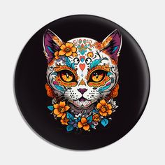 a cat with flowers on it's head is shown in the center of this button