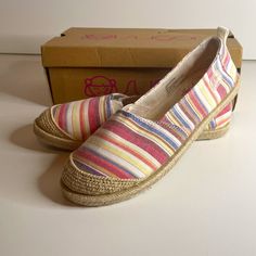 Ntw Great For Summer! Fabric Flats In Cute Striped Color Pattern - Goes With Everything! Pink Closed Toe Casual Espadrilles, Casual Pink Flat Espadrilles, Pink Slip-on Espadrilles With Woven Sole, Multicolor Round Toe Espadrilles With Rubber Sole, Multicolor Closed Toe Espadrilles, Casual Multicolor Espadrilles With Woven Sole, Casual Pink Espadrilles With Woven Sole, Pink Espadrilles With Woven Sole And Round Toe, Pink Round Toe Espadrilles With Woven Sole