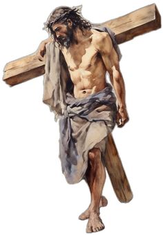 a painting of jesus carrying the cross with his hands and feet, on a white background