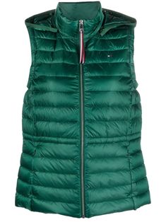 emerald green duck down padded design two side zip-fastening pockets front zip fastening high neck detachable hood sleeveless straight hem Green Vest, Outerwear Vest, Tommy Hilfiger Women, Detachable Hood, Curator Style, Outerwear Women, Zip Up, Emerald Green, Vest Jacket