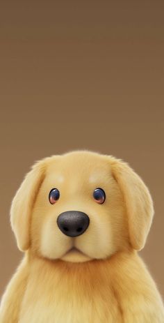 a close up of a stuffed animal with blue eyes and an orange nose, sitting in front of a brown background