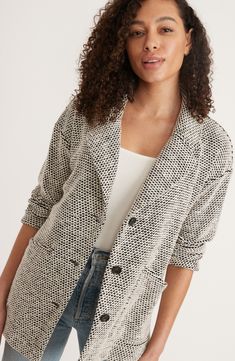 For an effortlessly put-together look, toss on this nicely draped blazer made from fan-favorite Birdseye knit fabric with a textural feel. 29" length (size Medium) Notched lapels 65% cotton, 35% polyester Machine wash, tumble dry Imported Chic Textured Knit Cardigan For Work, Spring Workwear Outerwear With Textured Knit, Spring Workwear Textured Knit Outerwear, Spring Textured Knit Outerwear For Work, Casual Structured Fall Blazer, Chic Textured Knit Outerwear For Work, Marine Layer, Square Neck Top, Black Blazers