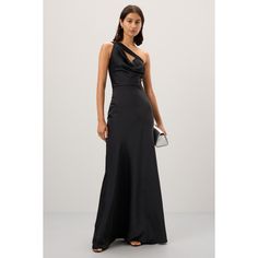 Black (Self: 100% Polyester, Contrast: 90% Recycled Rayon, 9% Nylon, 1% Spandex). Gown. Sleeveless. One-shoulder neckline. Back zipper closure. 58" from shoulder to hemline. Imported. Asymmetrical Ruched Bodice One Shoulder Evening Dress, Evening One-shoulder Asymmetrical Dress With Ruched Bodice, Evening One Shoulder Asymmetrical Dress With Ruched Bodice, Asymmetrical One Shoulder Dress With Ruched Bodice For Evening, Pre-draped One Shoulder Dress For Prom, One-shoulder Maxi Dress With Ruched Bodice For Evening, Fitted Pre-draped One Shoulder Evening Dress, Asymmetrical Maxi Dress With Ruched Bodice For Party, One Shoulder Maxi Dress With Ruched Bodice