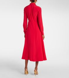 Crêpe de chine midi dress in multicoloured - Valentino | Mytheresa Fitted A-line Rayon Dress, Fitted Viscose A-line Midi Dress, Formal A-line Viscose Midi Dress, Fitted Viscose Silk Dress With V-neck, Fitted V-neck Silk Viscose Dress, Silk A-line Midi Dress For Cocktail, Fitted V-neck Silk Dress, Spring Midi Viscose Silk Dress, Spring Midi Silk Dress Made Of Viscose