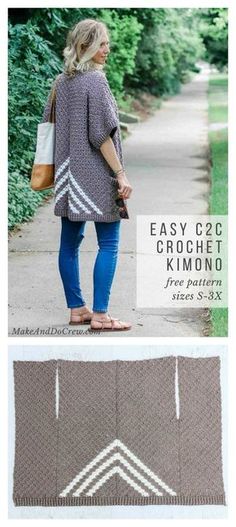 the easy crochet kimono pattern is shown in grey and white