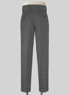 Napolean Sharkskin Gray Double Gurkha Wool Trousers are carefully designed with built in charisma and is a strong outfit to stand up to the demand of your day. Crafted from wool blend, the wool trousers feature a smooth sharkskin fabric with a soft texture and two toned appearances making it a unique go-to garment.  Look Includes   Napolean Sharkskin Gray Wool Fabric  Cross Pocket  Two Pleated Front  Double Button Fastening Wide Waistband  Diamond Pocket On Right  1.5inch Trouser Cuffs  Two Welted Back Pockets on Trousers    Click 'Customize Now' to modify the look if needed.   Lining: Viscose, Dry Clean, Pants can be lightly washed. Classic Winter Dress Pants For Business Casual, Tailored Wool Pants For Work, Slim Fit Dress Pants For Winter Workwear, Winter Workwear Slim Fit Dress Pants, Winter Slim Fit Dress Pants For Work, Fitted Pants For Business Casual In Winter, Elegant Slim Fit Winter Pants, Fitted Dress Pants For Semi-formal Winter Occasions, Wool Slim Fit Bottoms For Tailoring