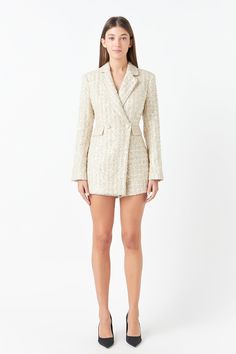 This ravishing Sequins Tweed Romper with its Double-Breasted style Skinny Lapels and Long Sleeves is a chic and unique piece of clothing. The beautiful tweed fabric is elaborately embellished with sequins for a striking effect. This romper is a must-have for any fashionista who intends to stand out from the crowd. Wear it for any formal or semi-formal occasion and you will be sure to draw admiring looks from all quarters. Sequin tweed Double-breasted style Skinny lapels Long sleeves Shoulder pad Pink Tweed Set, Tweed Romper, Tweed Set, Pink Tweed, Tweed Fabric, Dress Ideas, Formal Occasion, Semi Formal, Piece Of Clothing