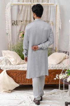 Shop for Runit Gupta Grey Pure Cotton Geometric Embroidered Kurta Set for Men Online at Aza Fashions