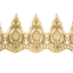 three gold lace trims with bows and flowers on white background, one is shown