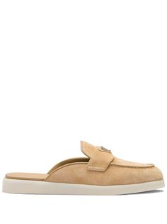 sand beige leather suede enamel triangle logo penny slot almond toe slip-on style branded leather insole flat rubber sole Loafers Beige, Elevated Casual, Prada Logo, Flat Mules, Suede Mules, Slip On Mules, Triangle Logo, Sand Beige, Prada Shoes