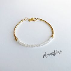 This beautiful moonstone gemstone bracelet is handcrafted with 4mm natural moonstone beads. The gold beading is done with high quality Japanese Miyuki Duracoat delica seed beads. The larger round gold beads are 14k gold filled for lasting quality. A 14k gold filled spring clasp completes the look. It's the perfect bracelet for layering or wearing all on its own! It's simple, yet elegant design makes it a great option for every day wear. This bracelet can be purchased in either 14k gold filled or Leather Jewelry Bracelet, Bracelet For Women Gold, Chakra Energy, Meditation Bracelet, Energy Bracelets, Beads Bracelet Design, Moonstone Bracelet, Moonstone Beads, Chain Extenders