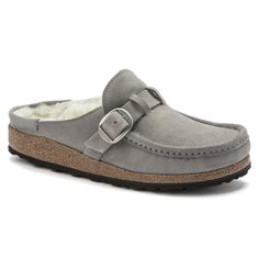 Buckley Shearling Suede Leather Stone Coin | BIRKENSTOCK Shearling Birkenstock Outfit, Birkenstock Shearling, Birkenstock Buckley, Moccasins Style, Athleisure Tops, Mens Lifestyle, Leather Pieces, Womens Clogs, Perfect Shoes