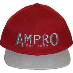 a red and grey hat with the word ampro embroidered on it