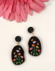 Black Earrings With Artistic Design For Gift, Black Earrings With Artistic Design As A Gift, Black Hand Painted Drop Earrings, Hand Painted Black Earrings For Gift, Artsy Hand Painted Flower Earrings, Unique Hand Painted Flower Drop Earrings, Artistic Hand Painted Flower Earrings, Multicolor Hand Painted Flower Earrings As Gift, Multicolor Hand Painted Flower Earrings For Gifts