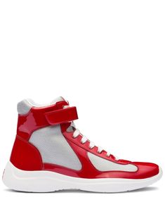 bright red/light grey leather patent finish mesh panelling colour-block panelled design appliqué logo round toe front touch-strap over lace-up fastening ankle-length branded insole rubber lug sole Red Mesh Lace-up Sneakers, Designer Patent Leather Sneakers For Streetwear, Designer High-top Sneakers With Round Toe For Sports, Sporty Red Sneakers With Perforations, Designer Round Toe High-top Sneakers For Sports, Red Mesh Sneakers With Rubber Sole, Designer Patent Leather Sneakers With Contrast Sole, Mesh High-top Sneakers With Contrast Sole, Red Leather Sneakers With Perforations