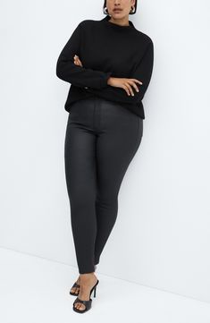 A waxed coating creates a sleek, leather-like look on stretchy, figure-hugging jeans made with a high waist and full-length legs. 29" inseam Zip fly with button closure Five-pocket style 77% cotton, 20% polyamide, 3% elastane Machine wash, line dry Imported Sleek Mid-rise Leather Pants For Fall, Straight Leg Faux Leather Jeans For Work, Faux Leather Straight Leg Jeans For Work, Chic Fitted Faux Leather Jeans, Sleek Mid-rise Leather Pants For Work, High Rise Leather Jeans For Fall, Chic Fall Workwear Jeggings, Chic Jeggings For Fall Workwear, Fall Stretch Mid-rise Leather Pants