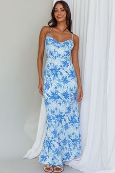 Shop the Janaina Tie-Up Back Maxi Dress Floral Blue | Selfie Leslie Blue Selfie, Blue Floral Maxi Dress, Selfie Leslie, Maxi Dress Floral, Yellow Bridesmaids, Red Bridesmaids, Happy Hours, Blue Bridesmaids, White Heels